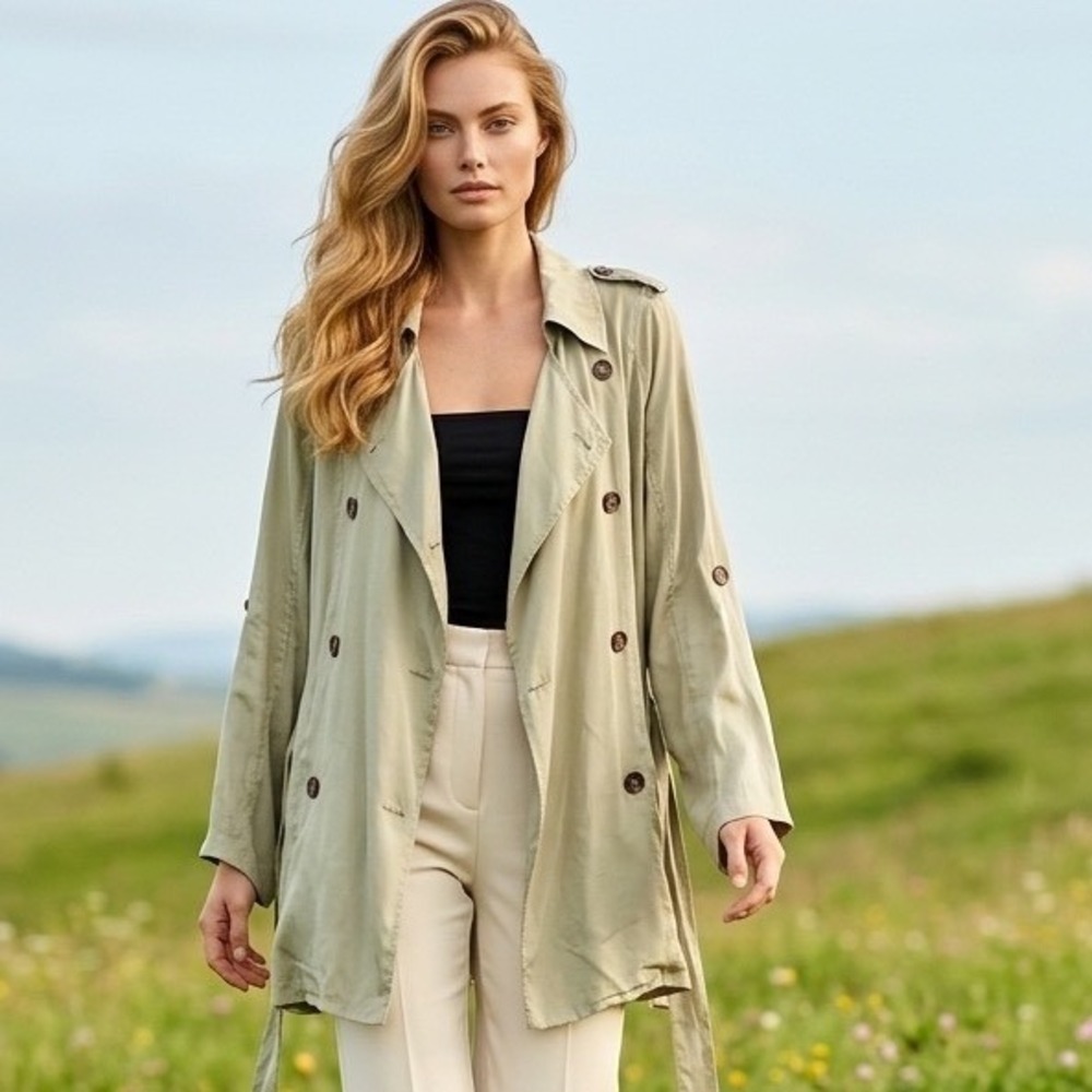 PNLP Sage Green Double Breasted Tie Waist Roll Tab Sleeve Trench Lightweight